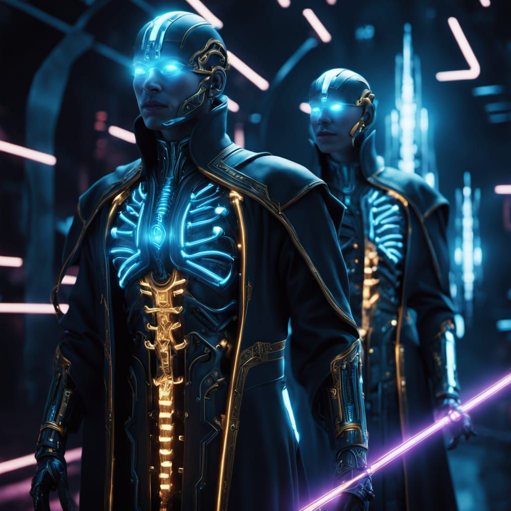 Techno Magicians with Glowing Spines in Sci-Fi Art