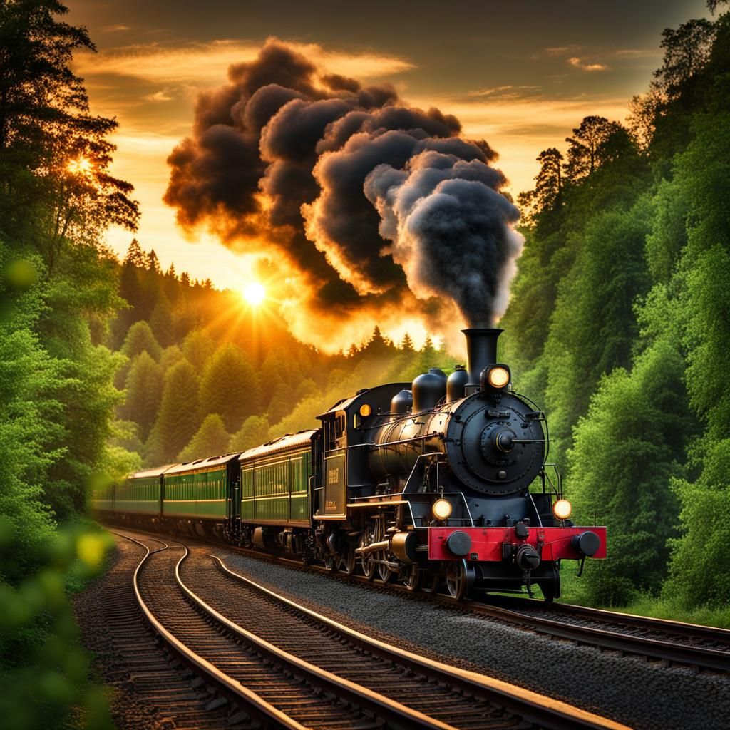 Steam Engine Train at Sunset Through Lush Forest