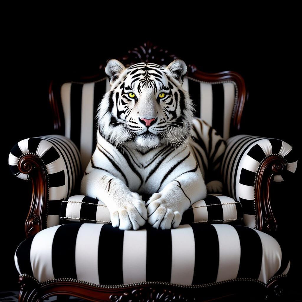 Monochrome Tiger Portrait on Striped Chaise Lounge
