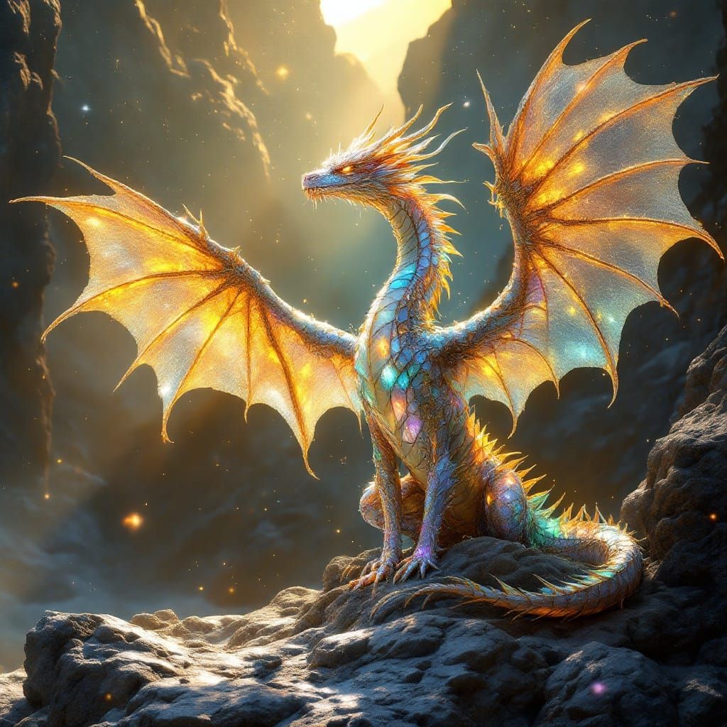 Surreal Gemstone Dragon Soars in Golden Light