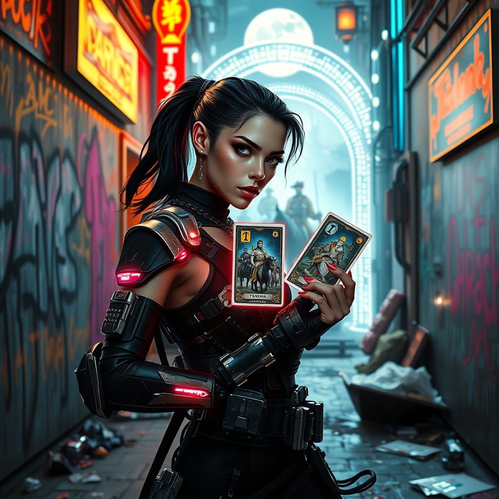Cyberpunk Samurai Goddess Holds Glowing Tarot Card in Urban ...