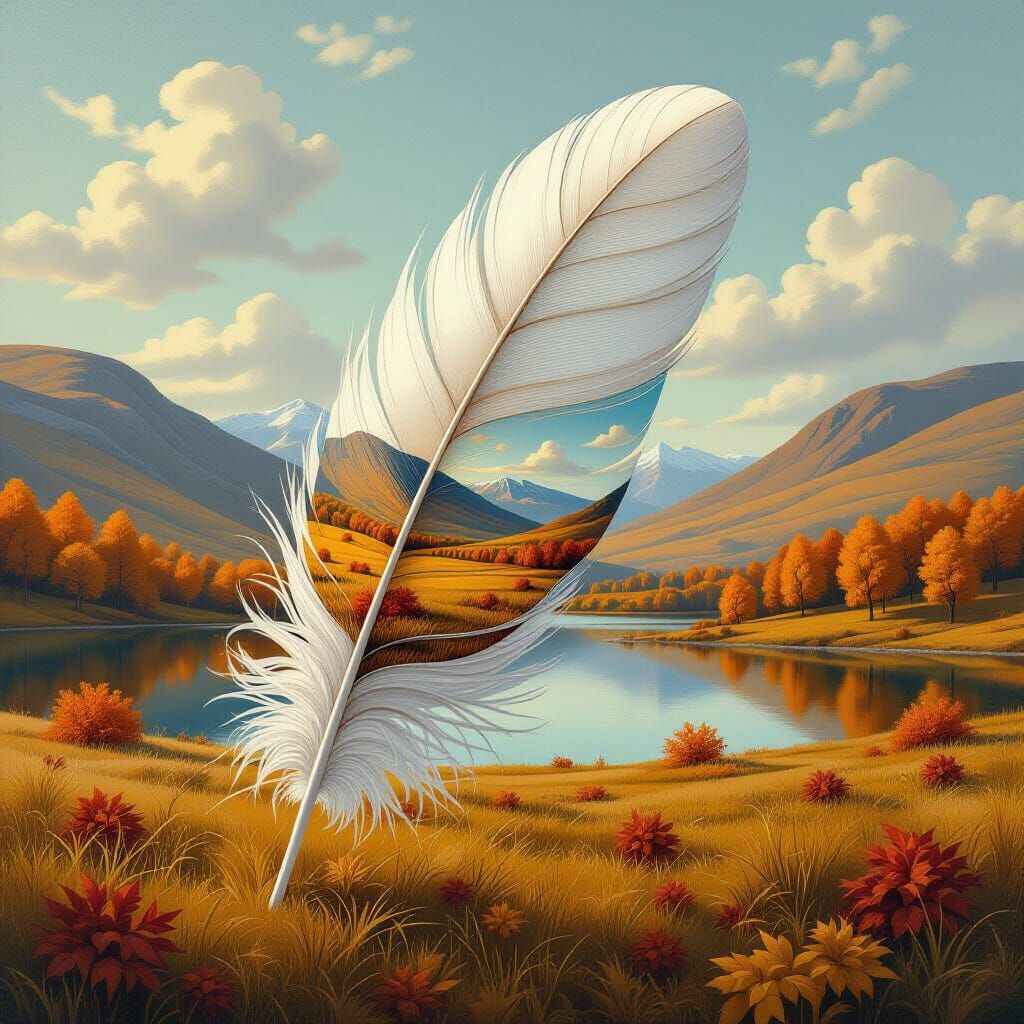 Autumn Landscape Inside Feather, Detailed Realism