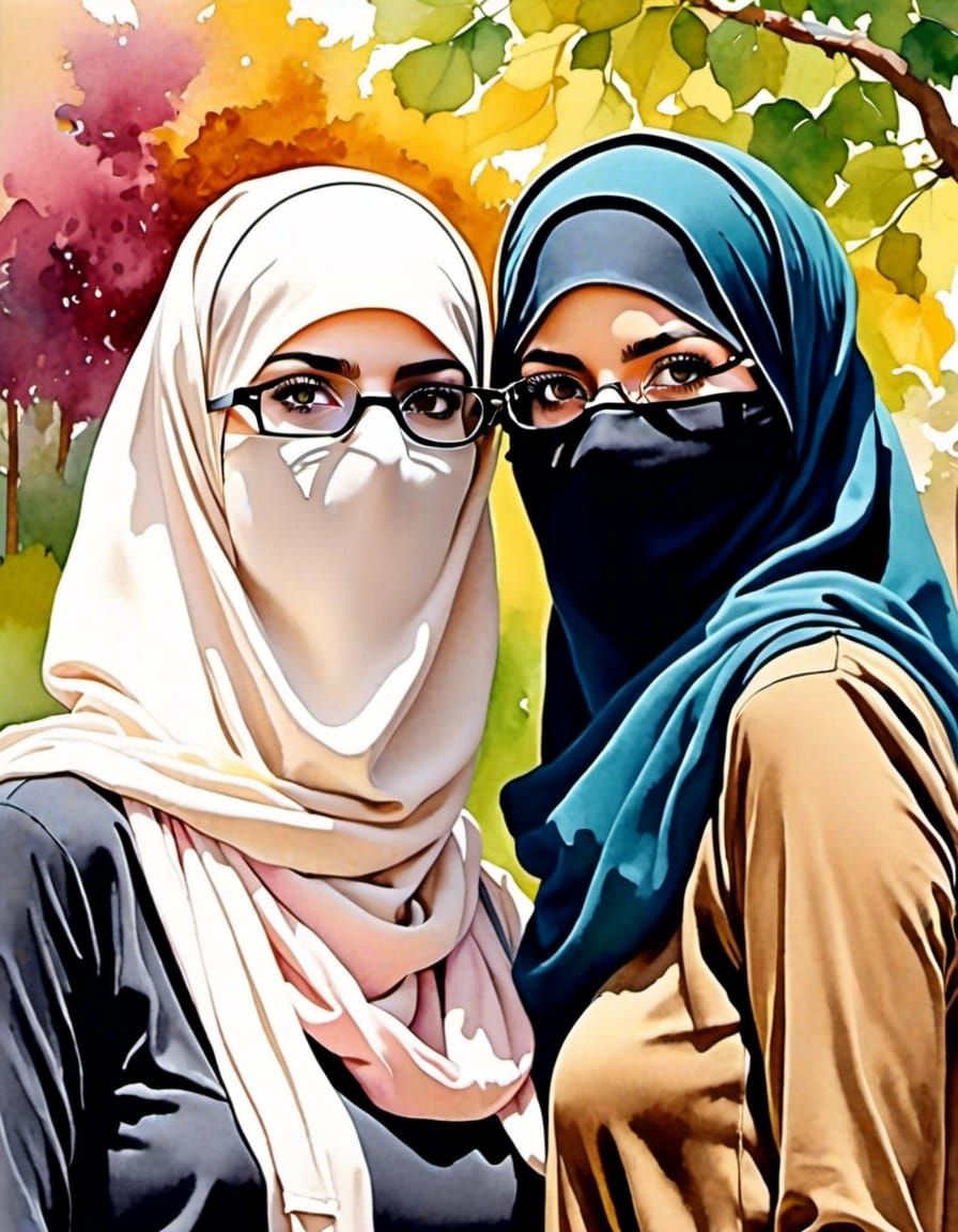 European Women in Niqabs: Watercolor Painting