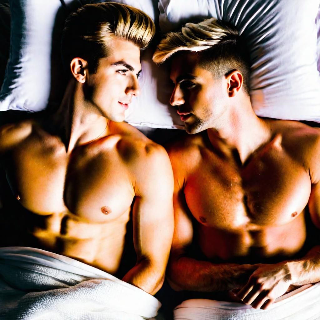 Loving Gay Couple Embrace in Bed