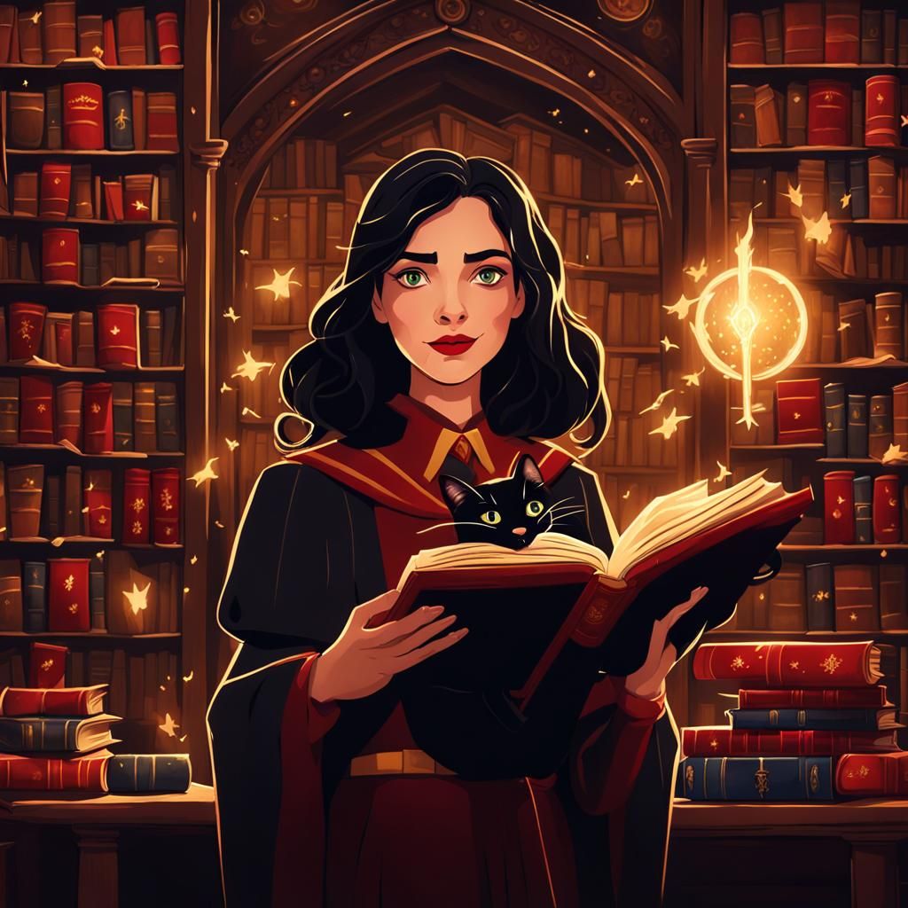 Hogwarts Witch Casting Spell in Gryffindor Library