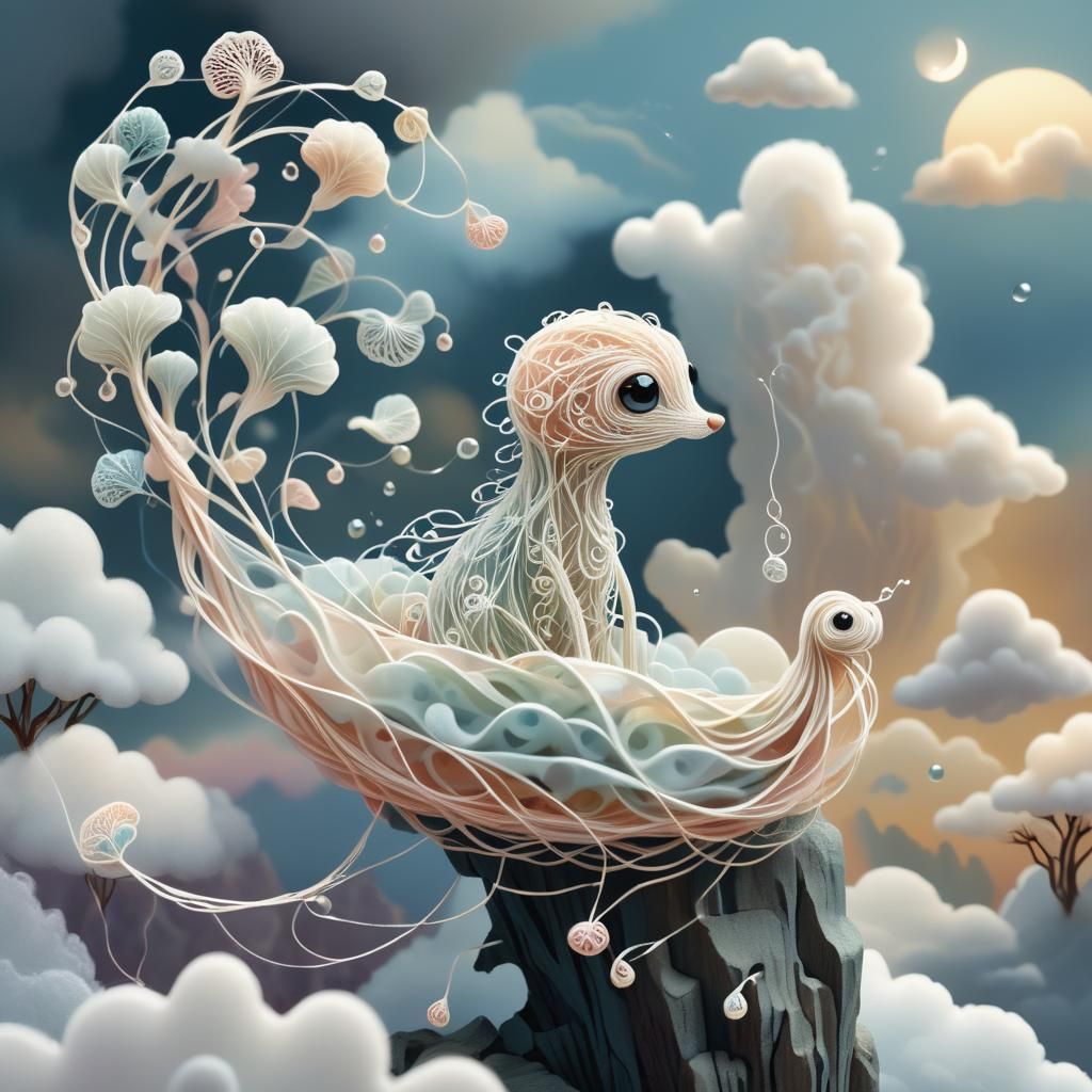 String Creature on Cloudy Ledge: Fantasy Illustration