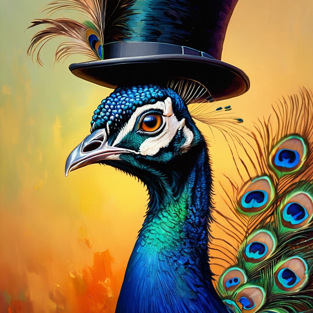 Peacock in Top Hat: An Oil Painting Portrait
