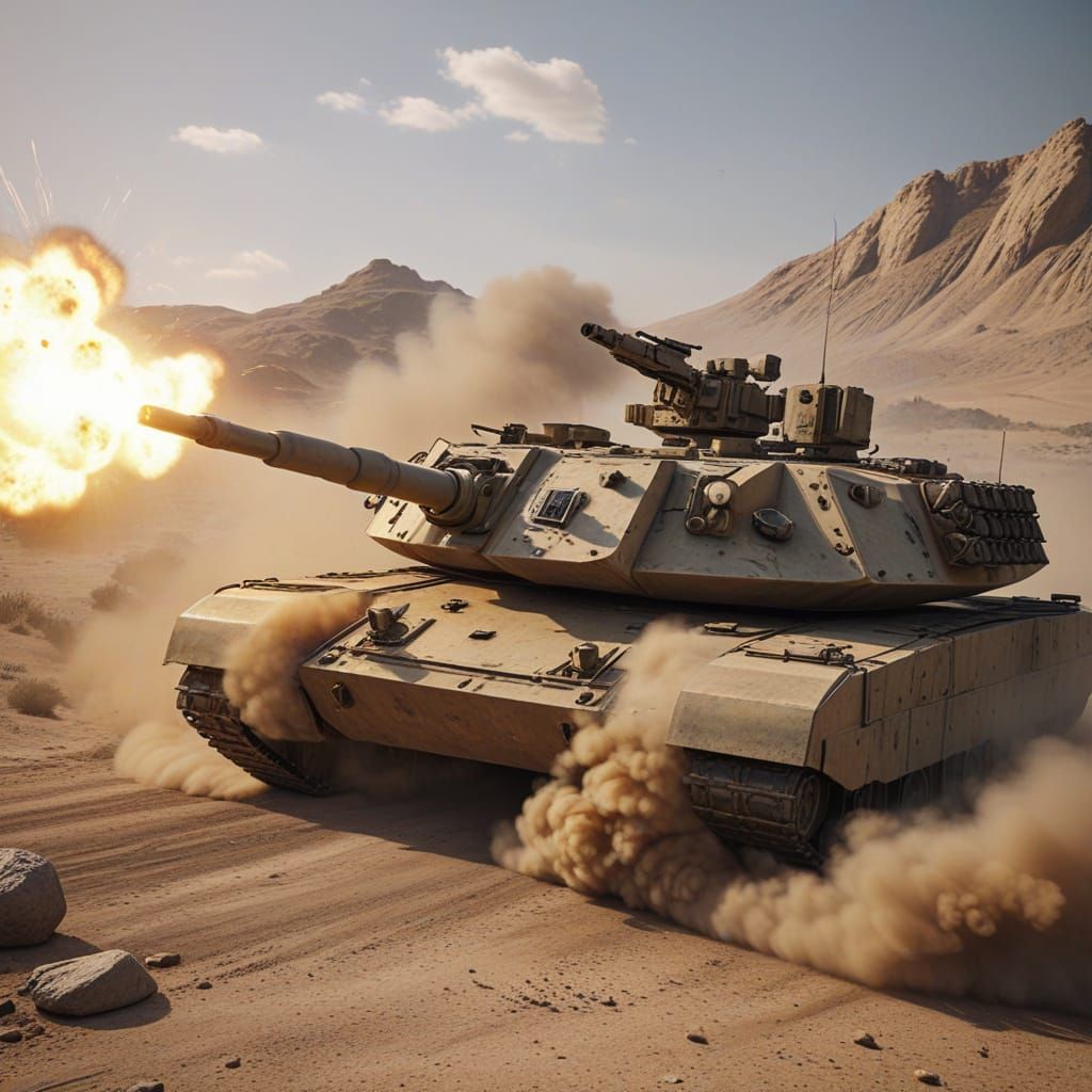 M1 Abrams Tank Fires Shell in Desert Battlefield