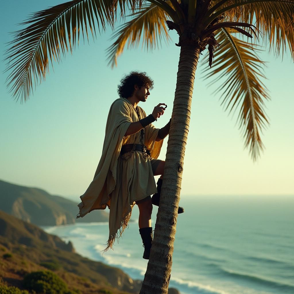 Frodo Climbs Palm Tree: Cinematic Film Still