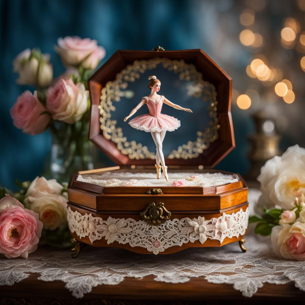 Antique Music Box with Ballerina, Oil Painting Style