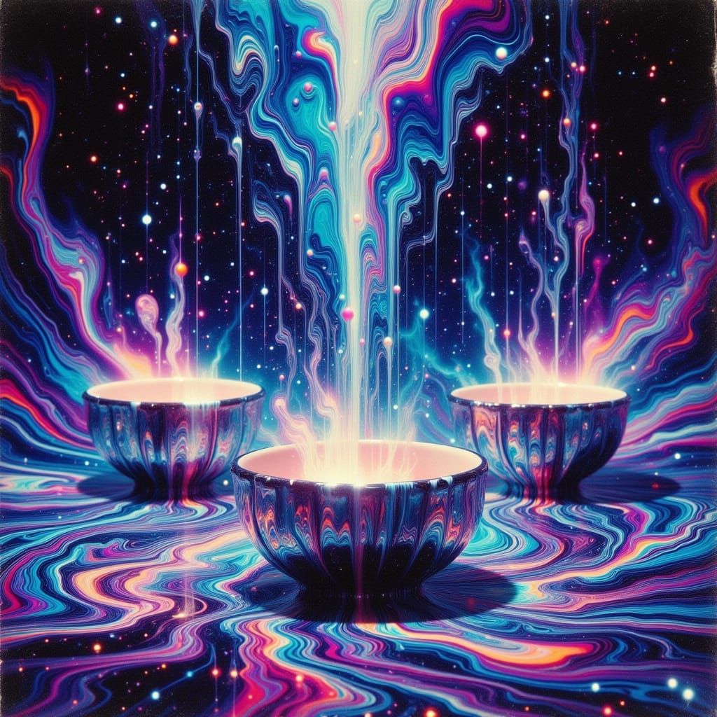 Surreal Motherboard Sky Over Paint Sea with Starry Cups