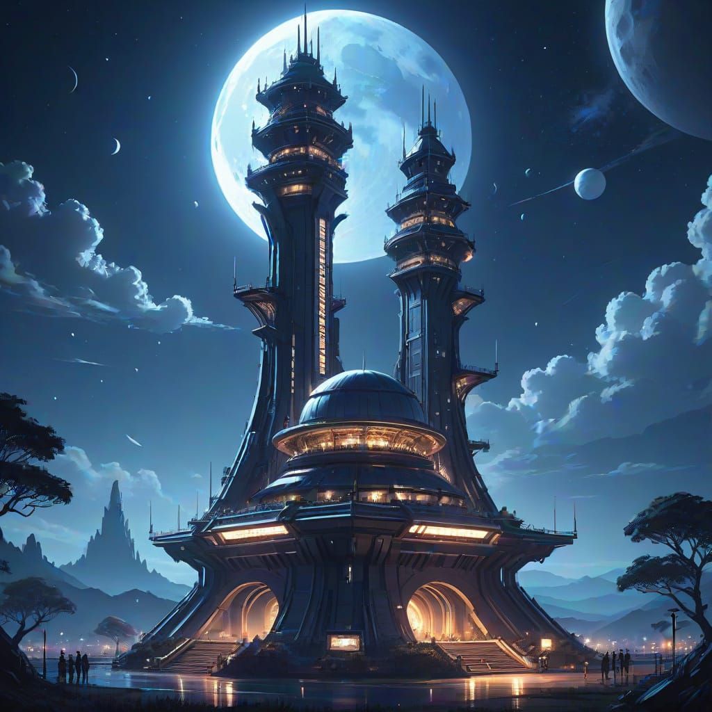 Moonlit Spaceship Tower on Alien World: 3D Anime Art