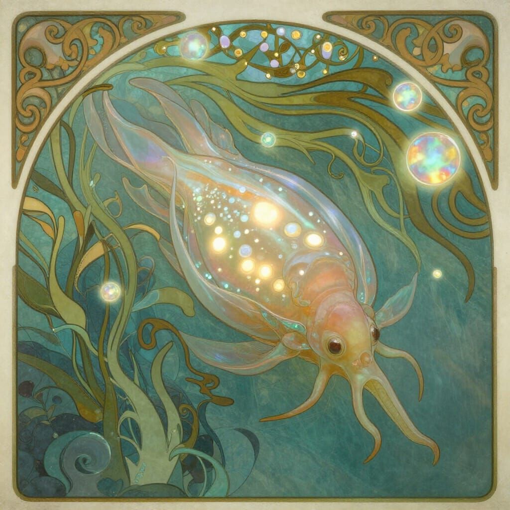 Ethereal Tardigrade Dance in Art Nouveau Underwater Scene