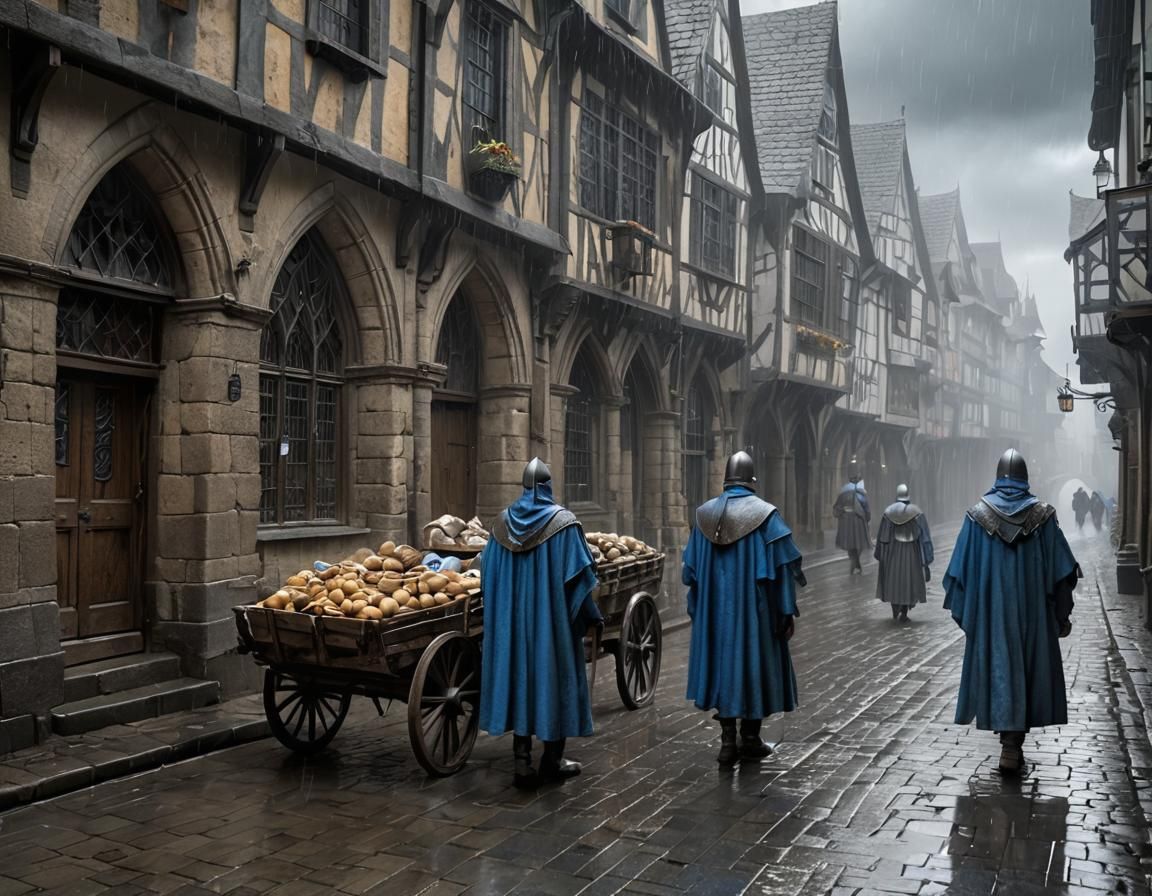 Rainy Medieval Gothic City Street Scene