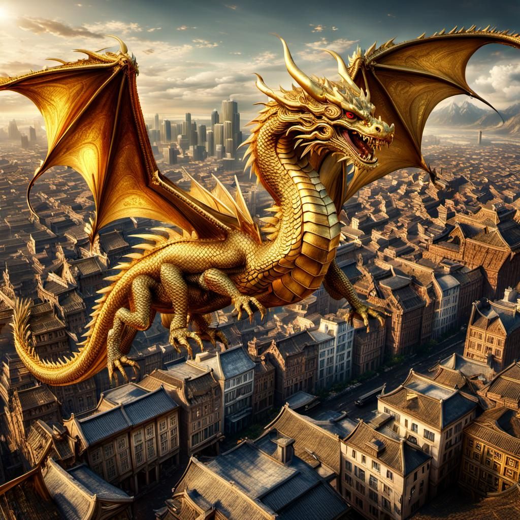 Golden Dragon Over Golden City: Hyperrealistic Image