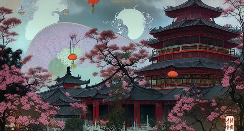 Chinese Temple with Cherry Trees in Rococo Style