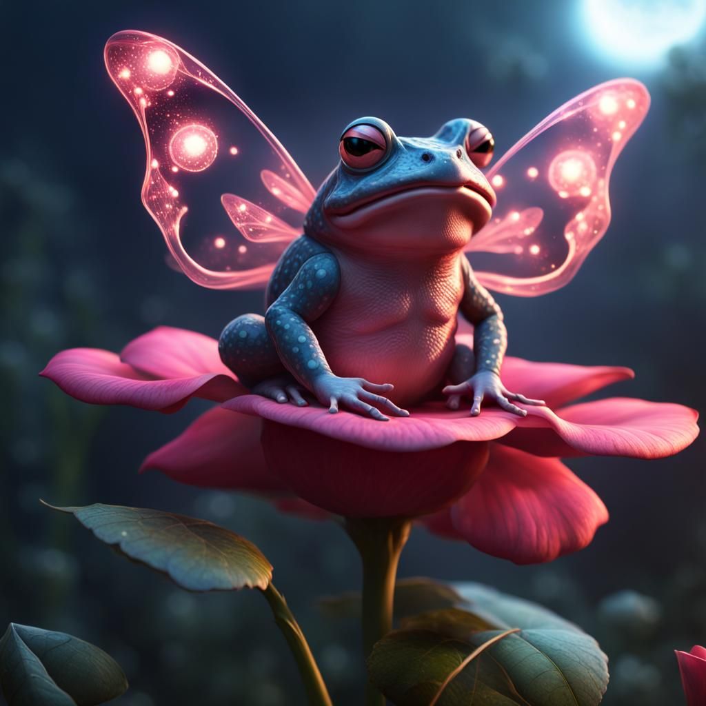 Pink Toad with Fairy Wings on Rose, Fantasy Art