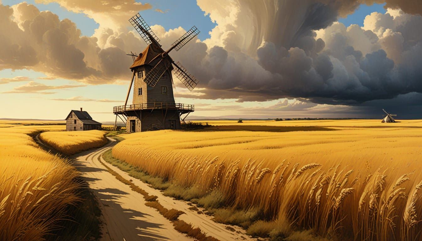 Golden Americana Landscape with Old Windmill