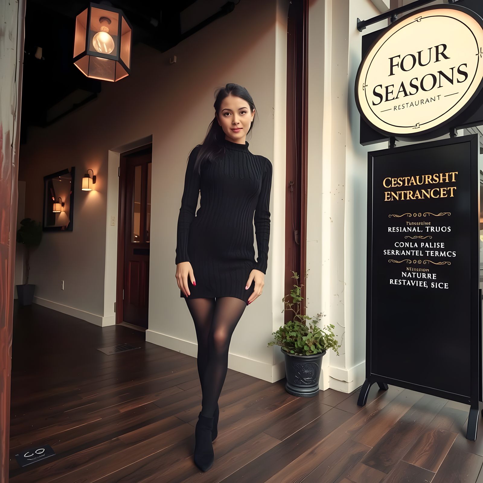 Young Woman Enters Four Seasons Restaurant in Warm Evening L...
