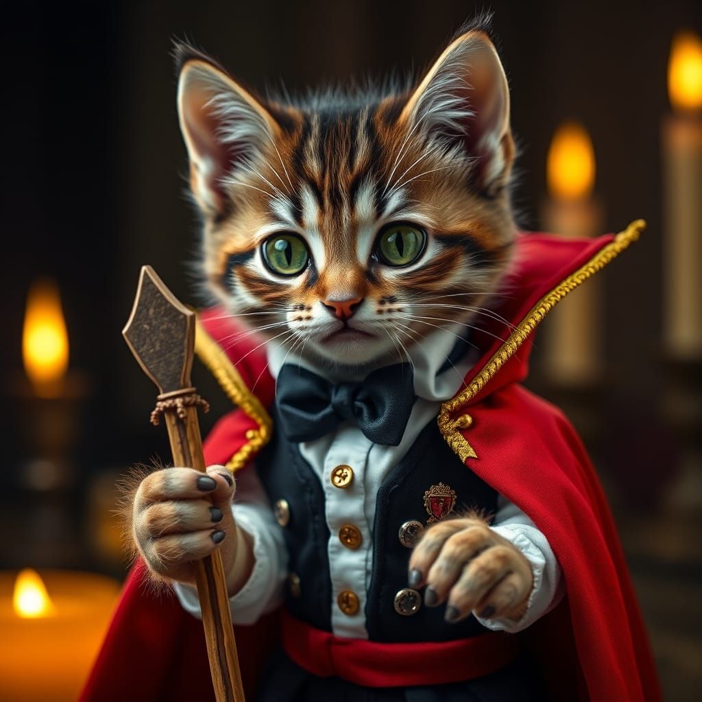 Dracula Kitten with Stake in Eerie Candlelight