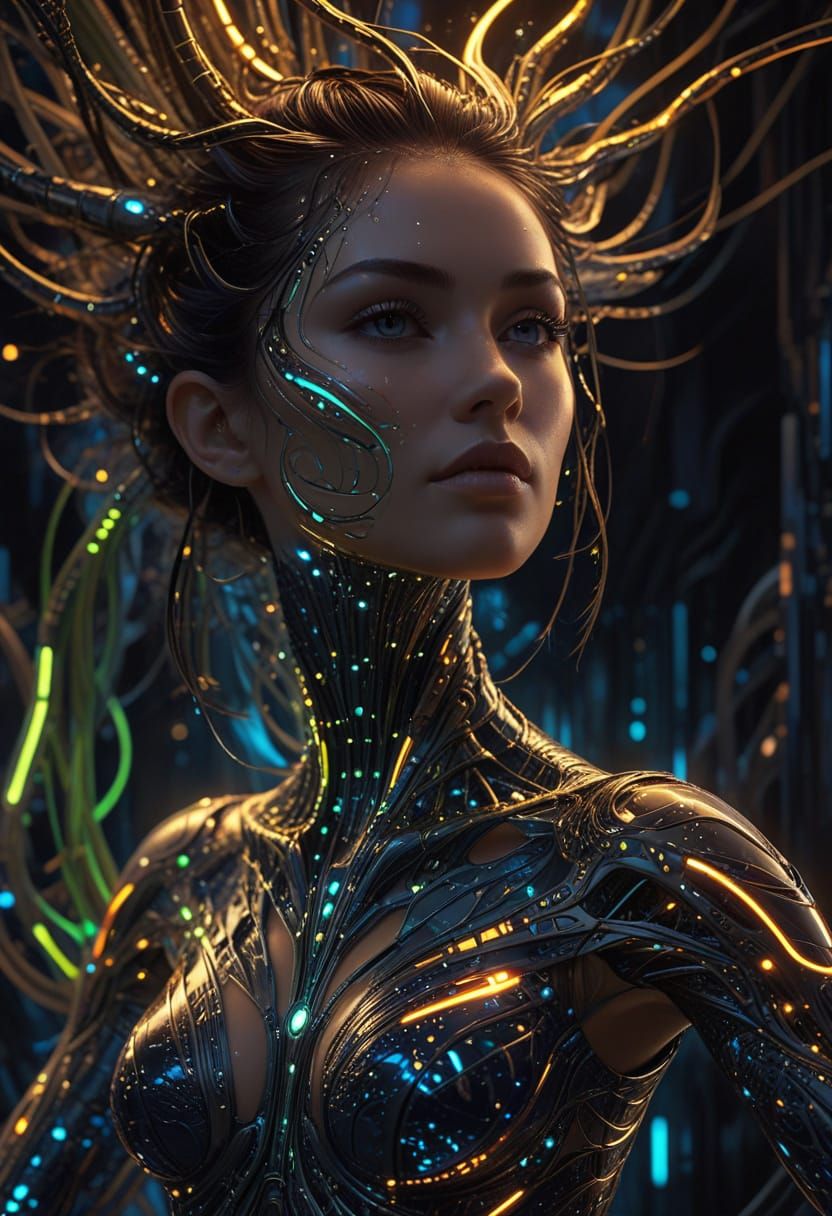 Ethereal Cyber Goddess in Neon Dreamscape