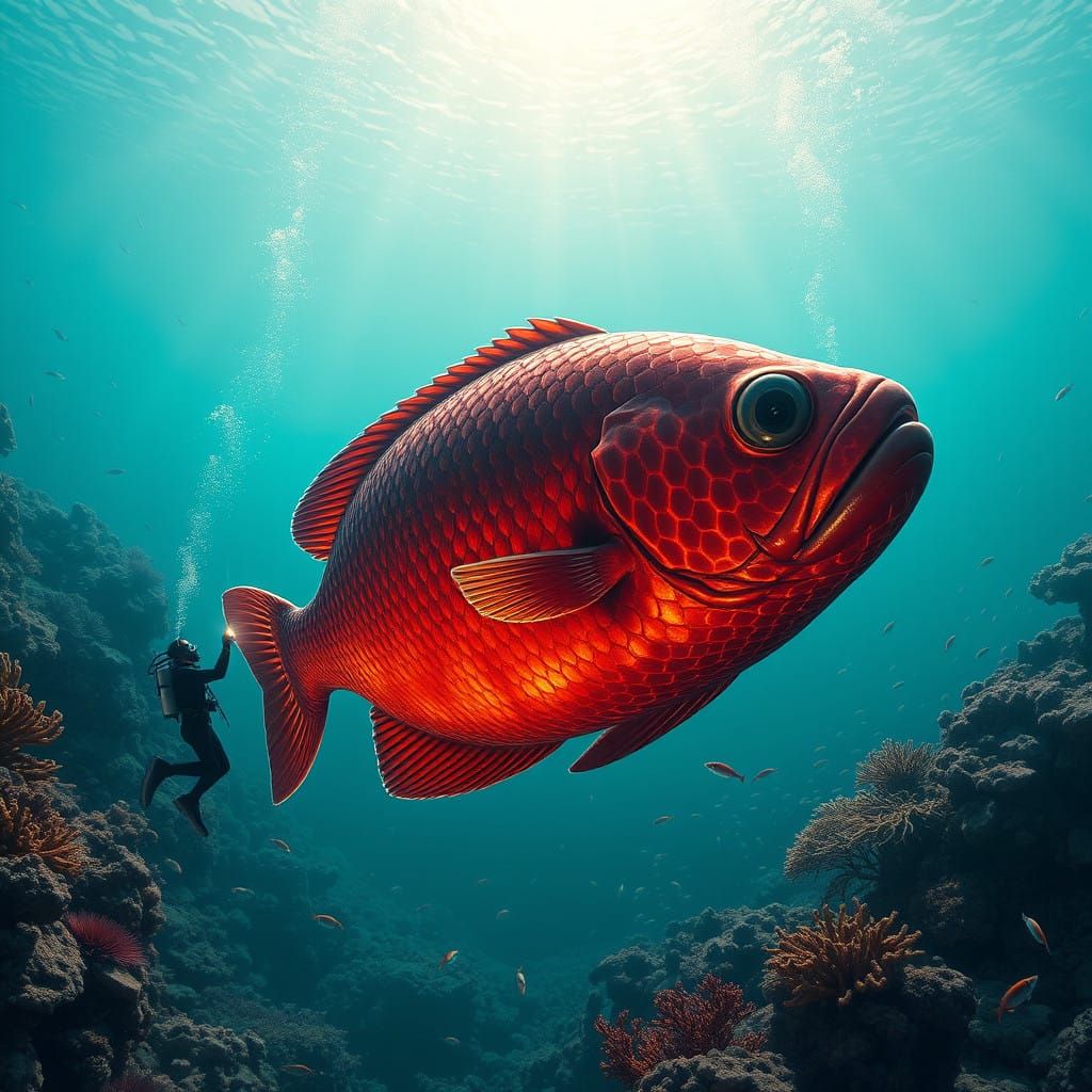 Diver Encounters Majestic Red Giant Fish in Vibrant Coral Re...