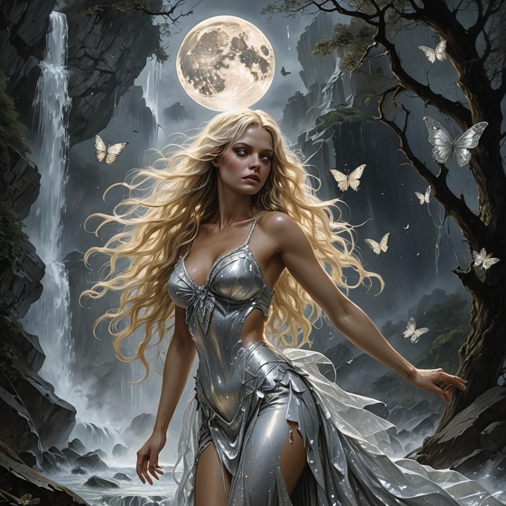 Realistic Blonde Woman Under Waterfall in Dark Fantasy Style