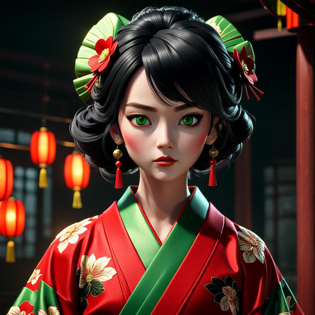 European Samurai Girl in Kimono: 3D Game Cinematic