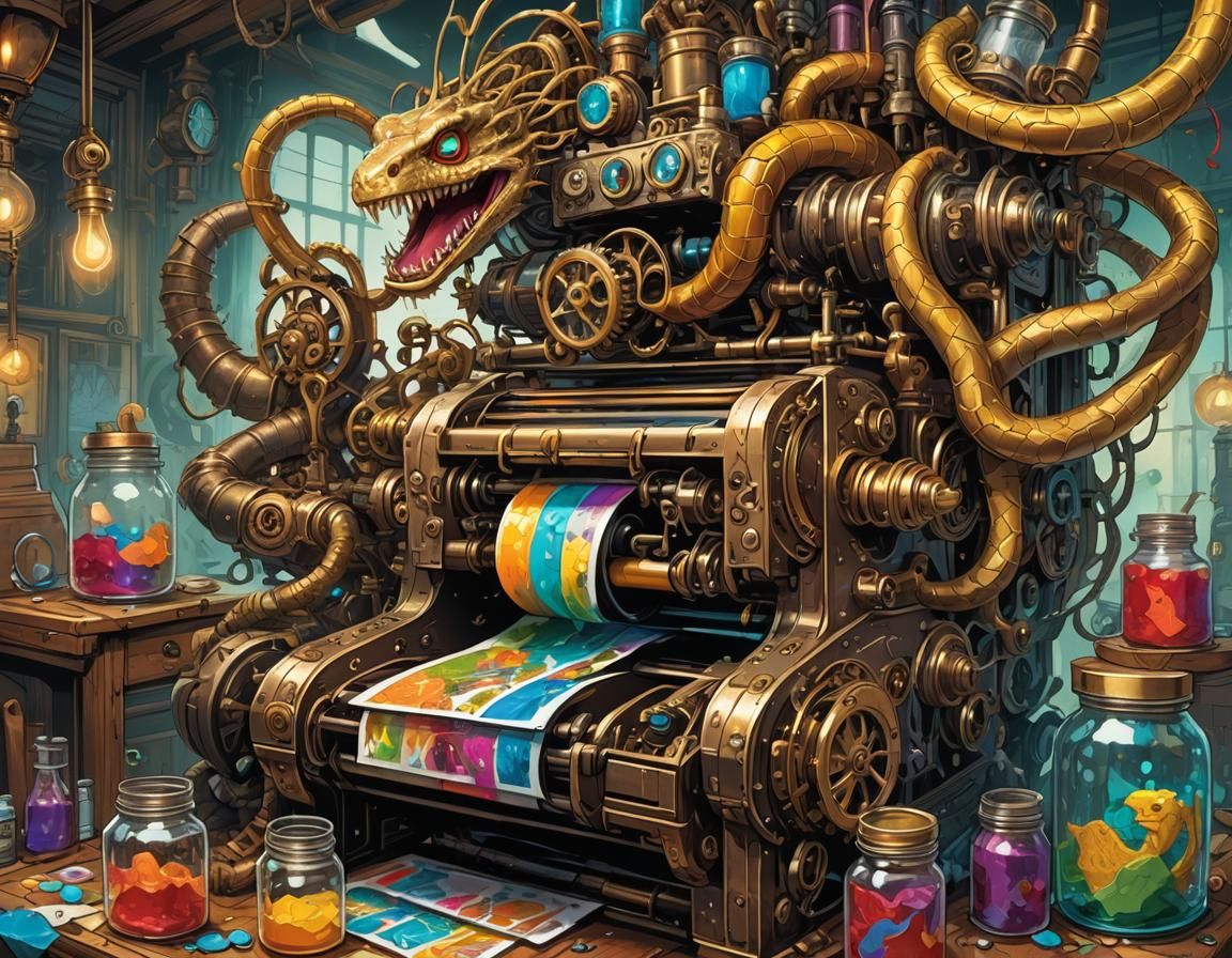 Steampunk Printer with Snakes in Comic Book Art Style