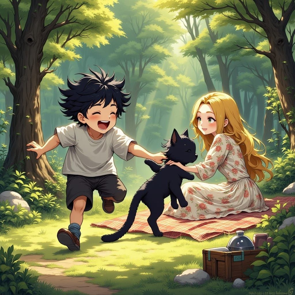 Whimsical Forest Scene with Cat Girl and Picnic