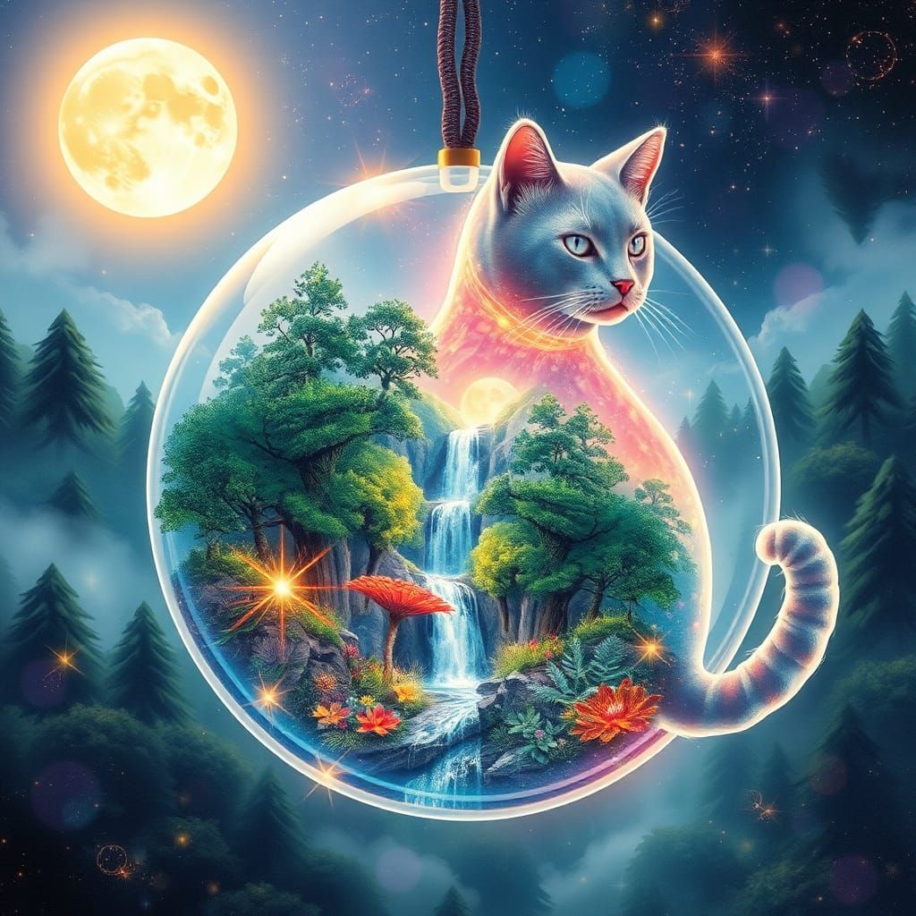 Ethereal Cat Portal to a Mystical Forest