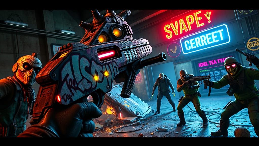 Post-Apocalyptic FPS Scene in Cyberpunk Style