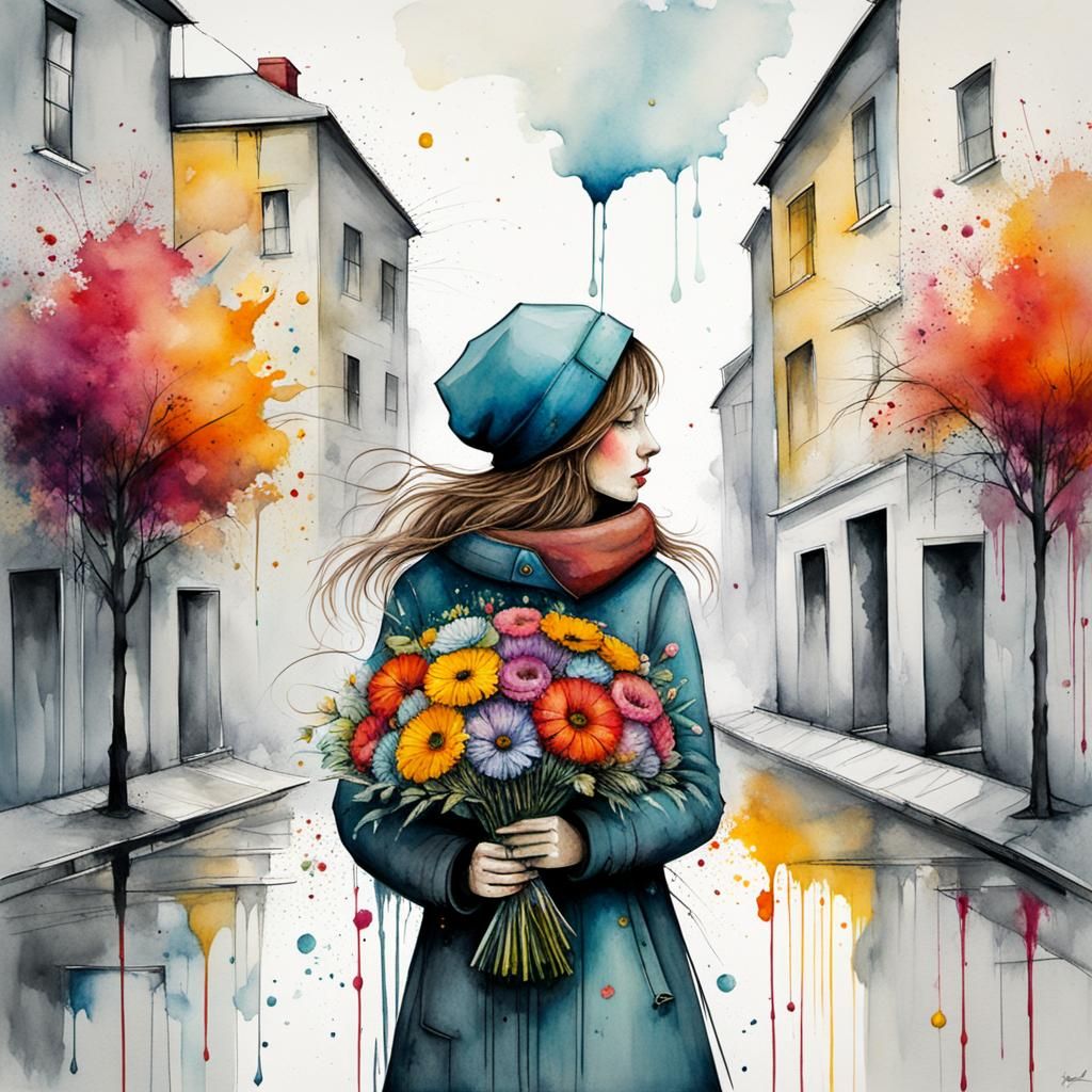 Girl with Flowers in Watercolor Graffiti Style