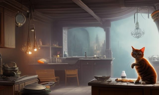 Hardworking Cat Cleaning: Detailed Matte Painting