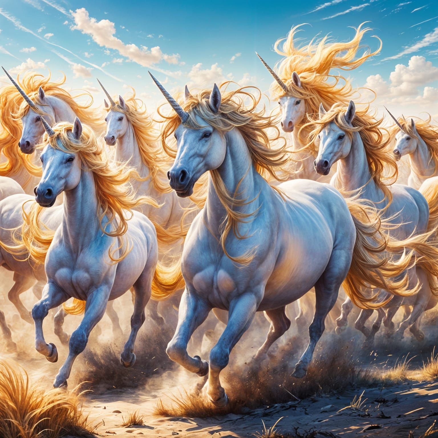 Majestic Unicorns Gallop Across a Golden Landscape