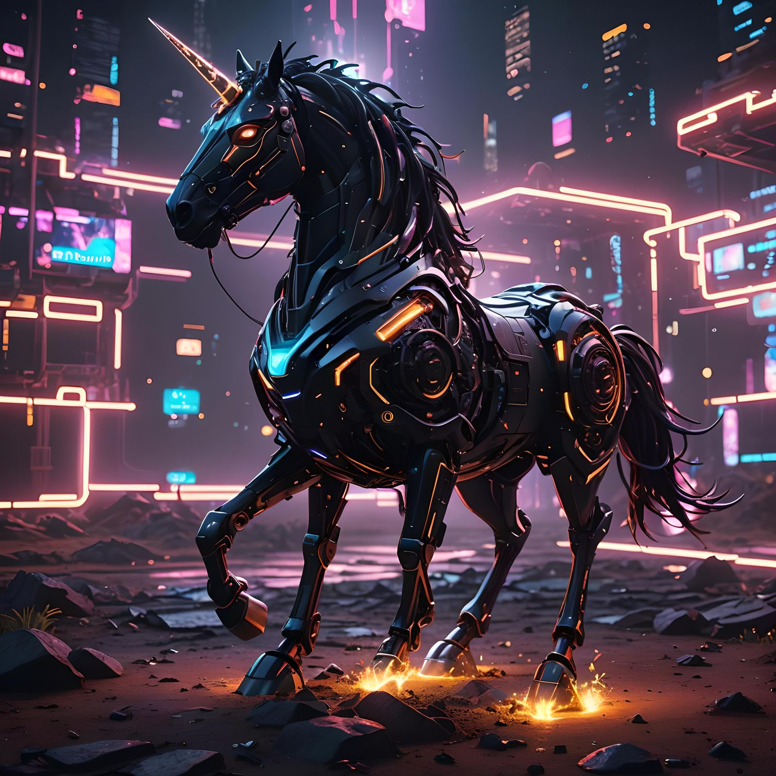 Luminescent Black Unicorn with Neon Lights