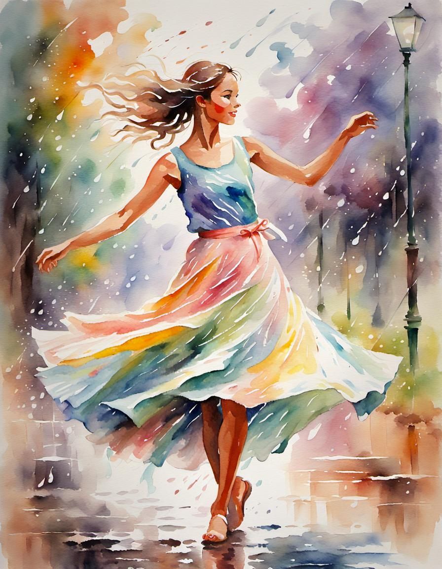 Impressionistic Woman Dancing in Rainy Watercolor