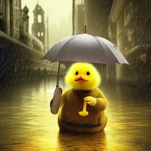 Adorable Duckling in Rain with Umbrella: Digital Art