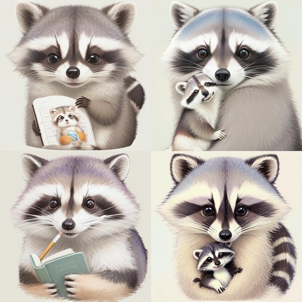 Pastel Cartoon Mother and Baby Raccoon Images