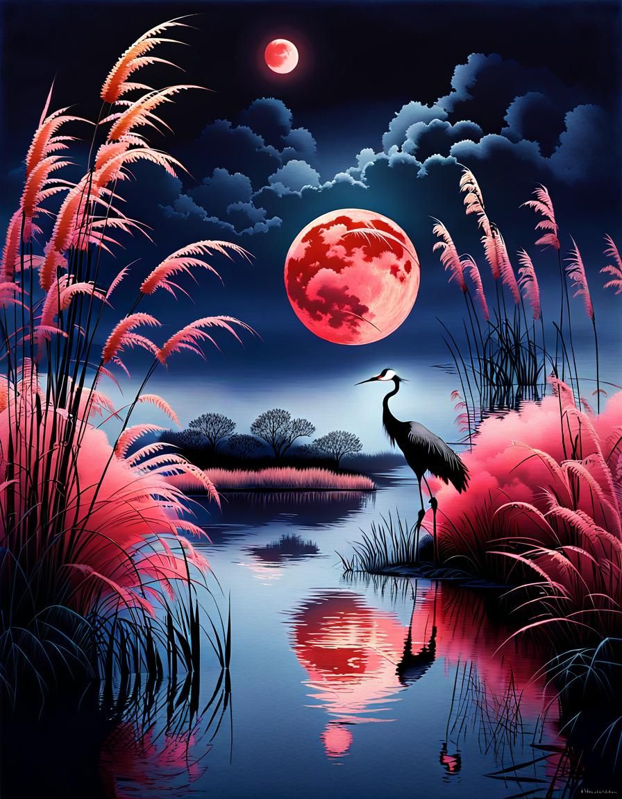 A very big red moon in a dark sky with clouds, a big silhoue...