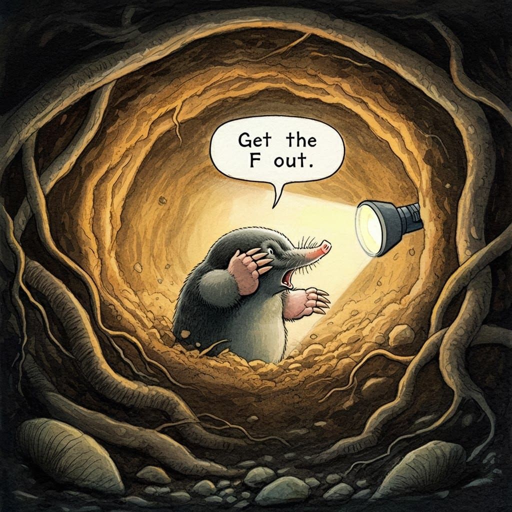 Moles React with Frustration in a Flashlight Scene