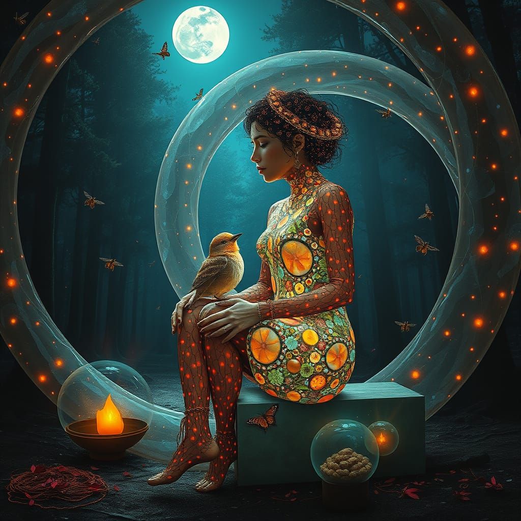 Surreal Bio-Art Collage of a Sculptor in Her Creation