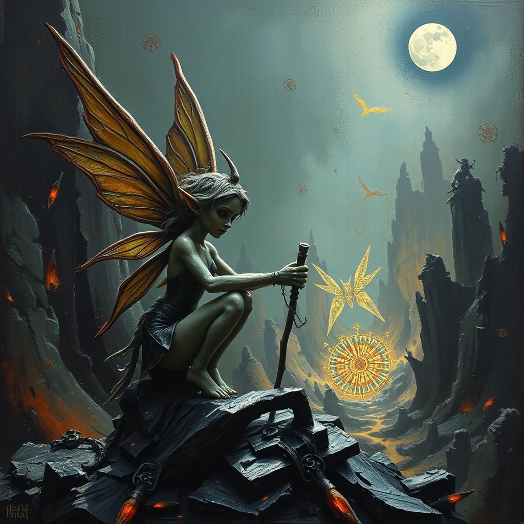 Surreal Fairy Elf Figurine in Dystopian Impasto Style