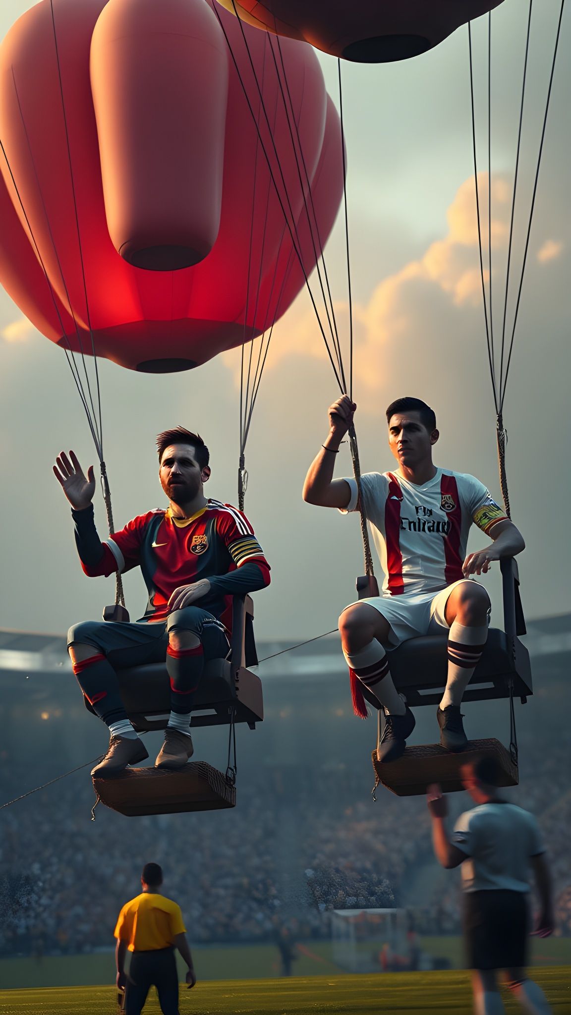 Messi and Ronaldo Ascend in Balloon Chairs