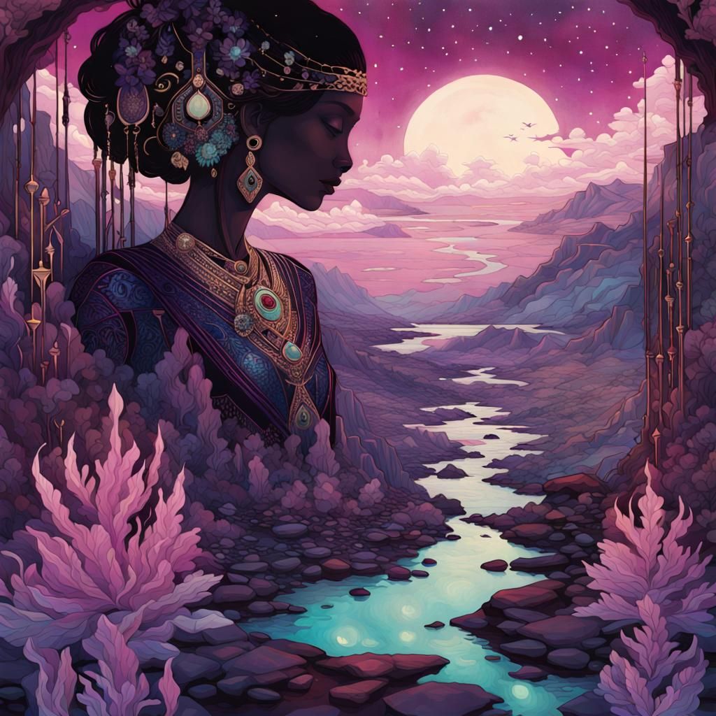 Obsidian Oasis with Ornamental Keystones in Surreal Style