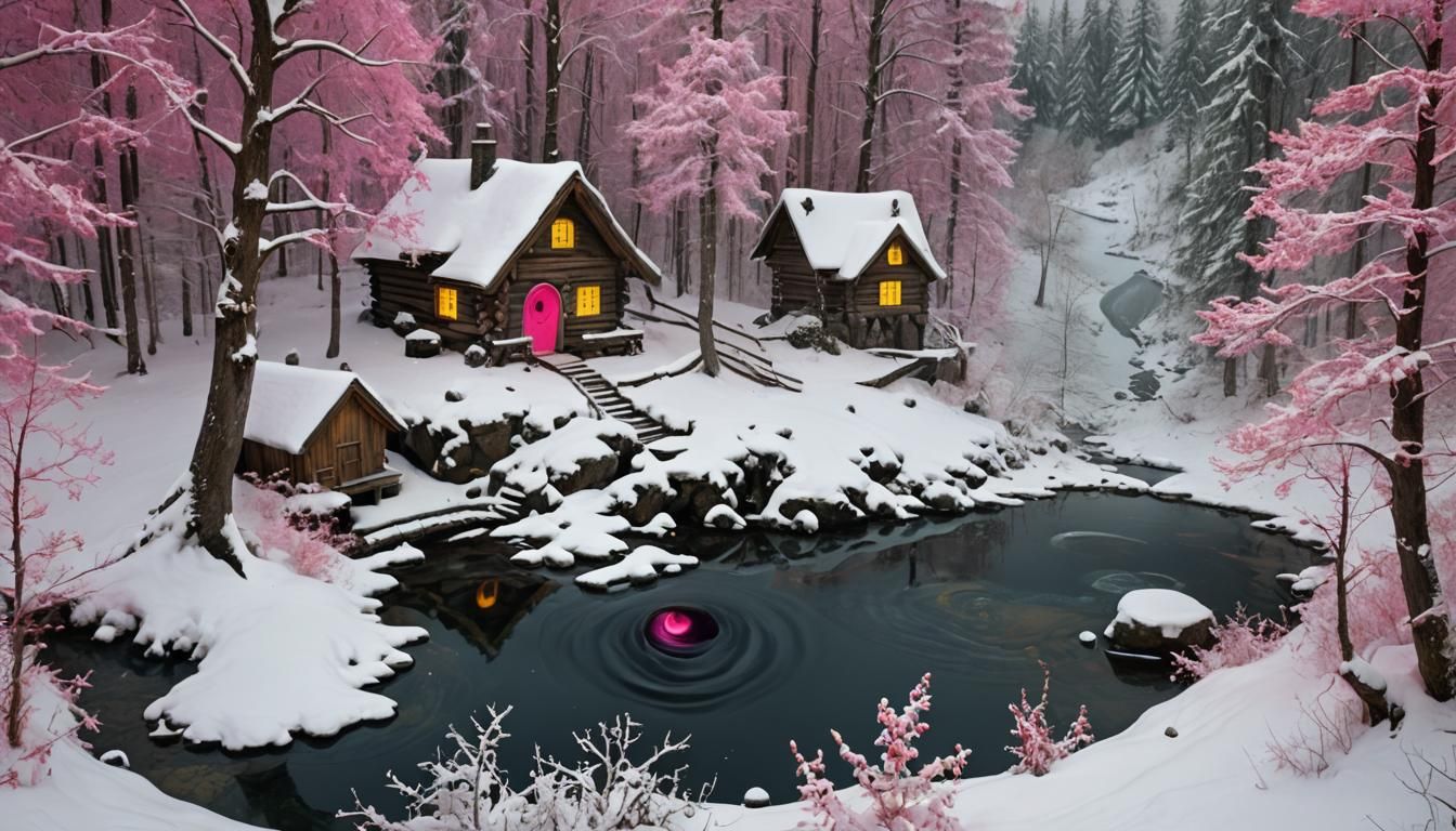 Mystical Snowy Cabin in Whimsical Forest Art