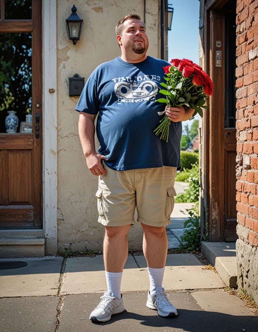Humorous Oil Painting of a Man with Roses