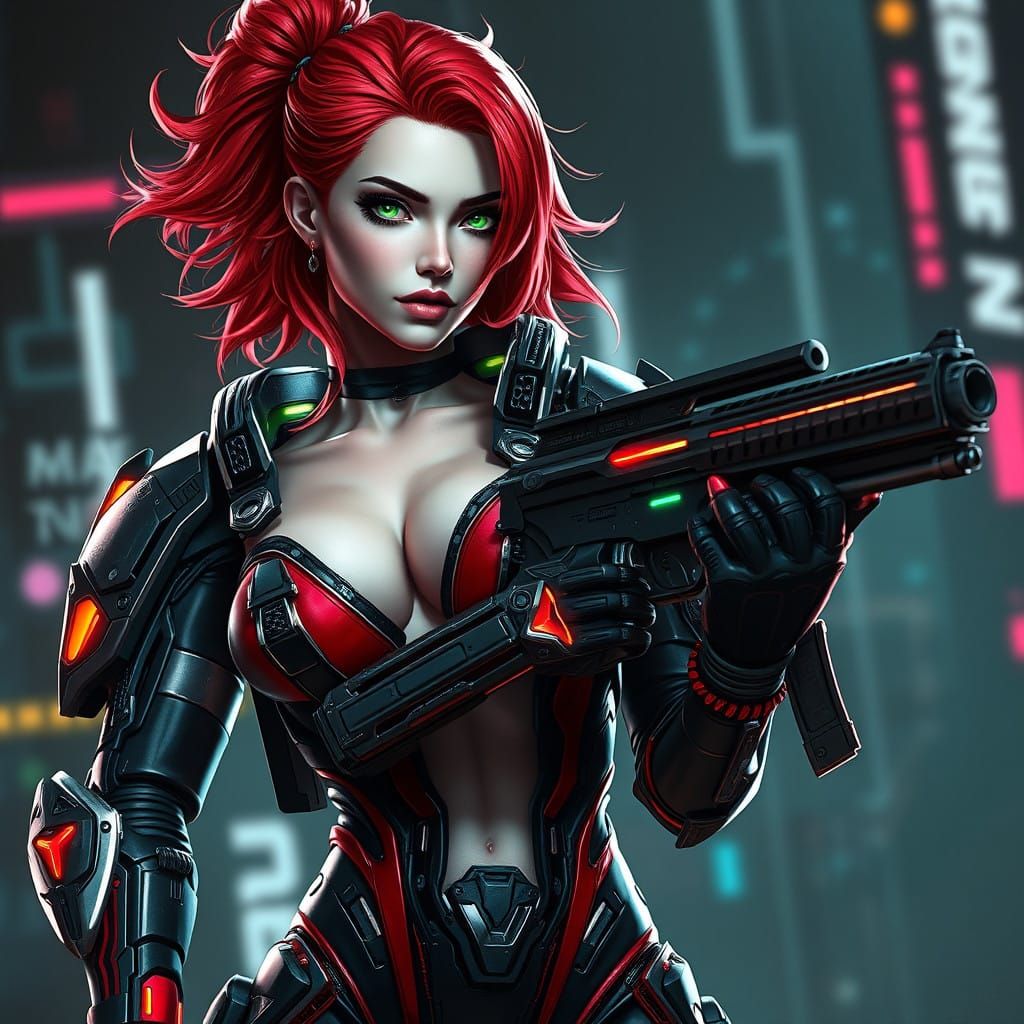 Cyberpunk Gynoid with Fiery Red Hair and High-Tech Armor