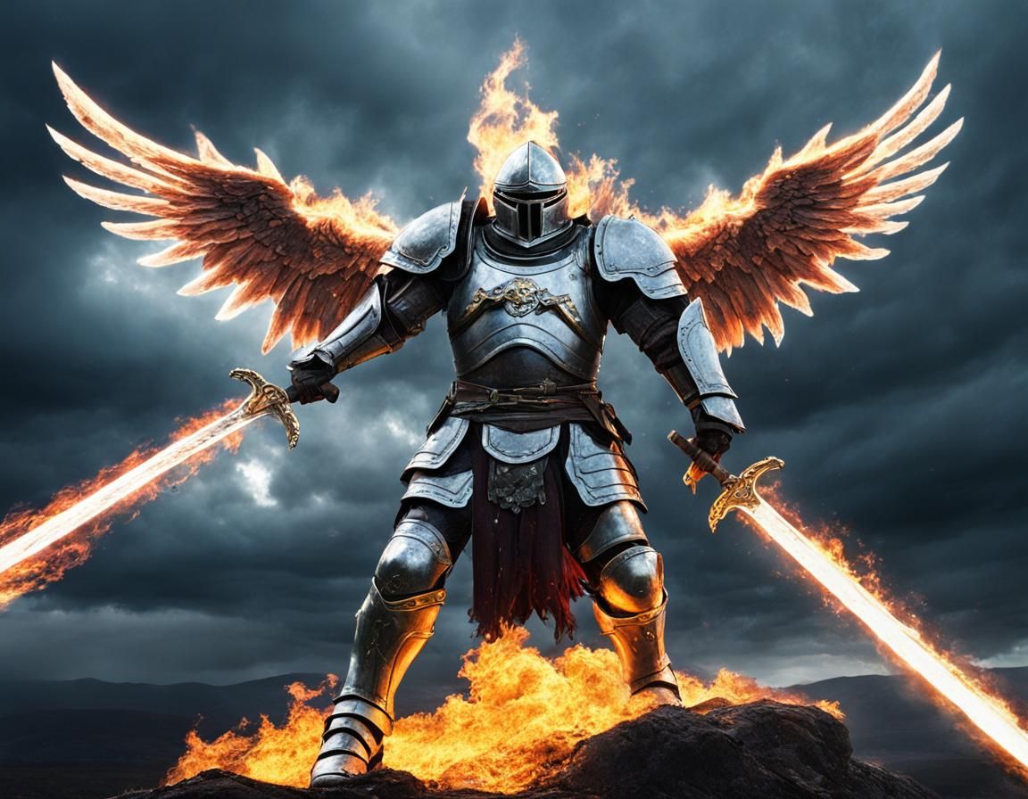 Armored Angel with Flaming Sword in Storm