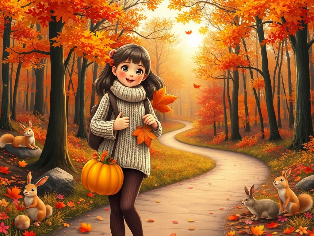 Kawaii Girl Explores Autumn Forest with Pumpkin Bag